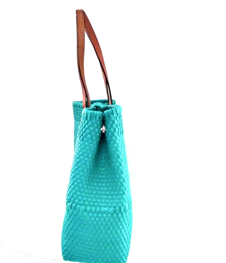 Bolsa Tote Tejida Asa de Piel Color Azul