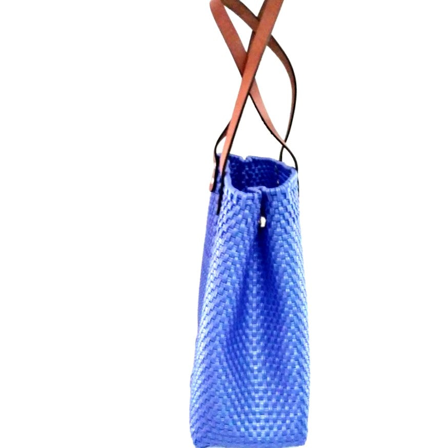 Bolsa Tote Tejida Asa de Piel Color Azul