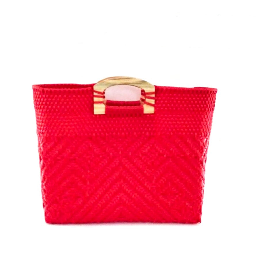 Bolsa Artesanal Tejida de Plástico Con Asa de Madera Color Roja