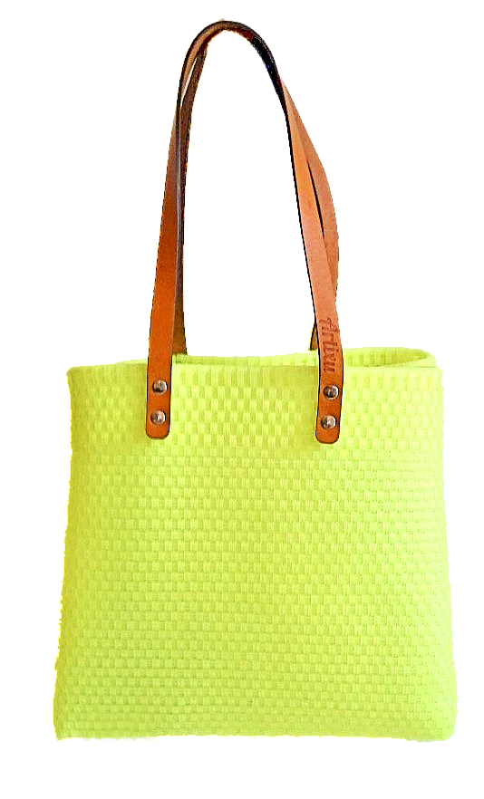 Bolsa Tote Tejida Asa de Piel Color Limón