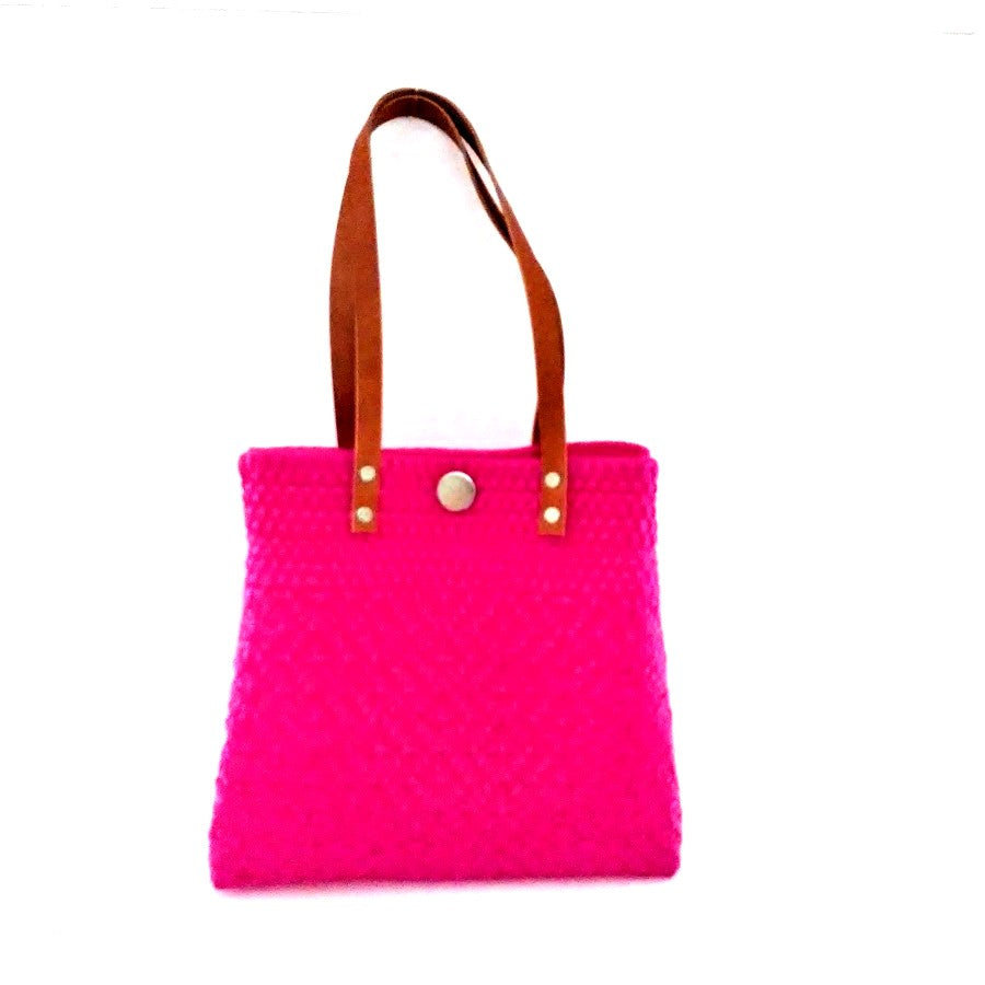 Bolsa Tote Tejida Asa de Piel Color Rosa Mexicano
