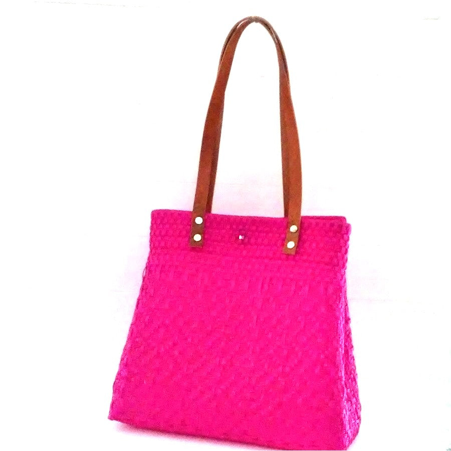 Bolsa Tote Tejida Asa de Piel Color Rosa Mexicano