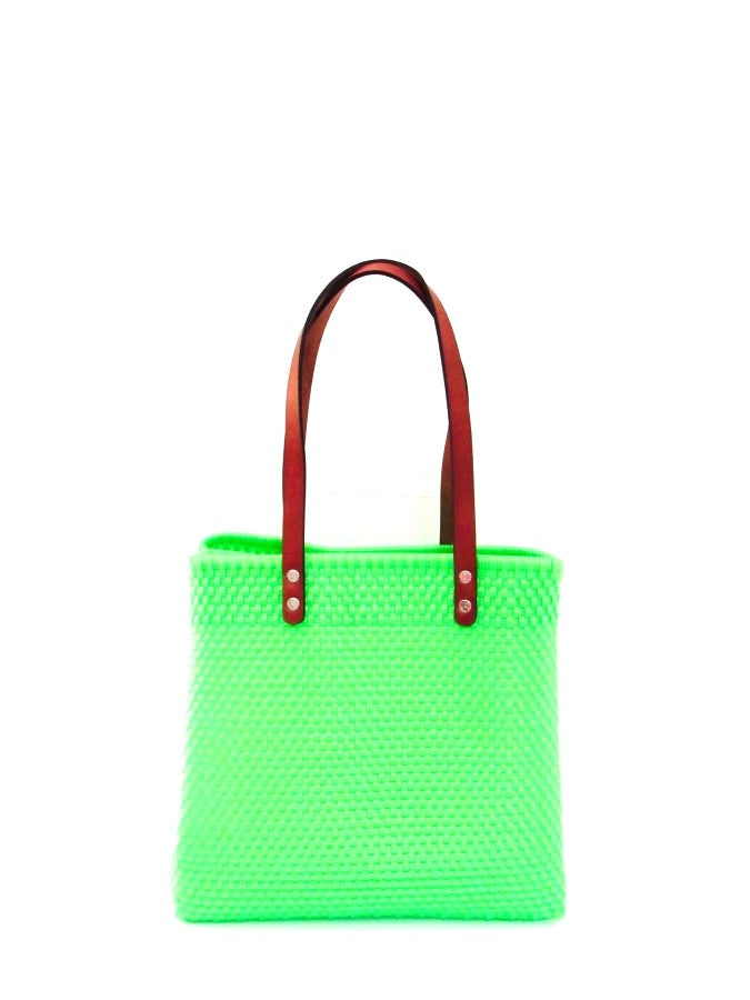 Bolsa Tote Tejida Asa de Piel Color Verde Limón