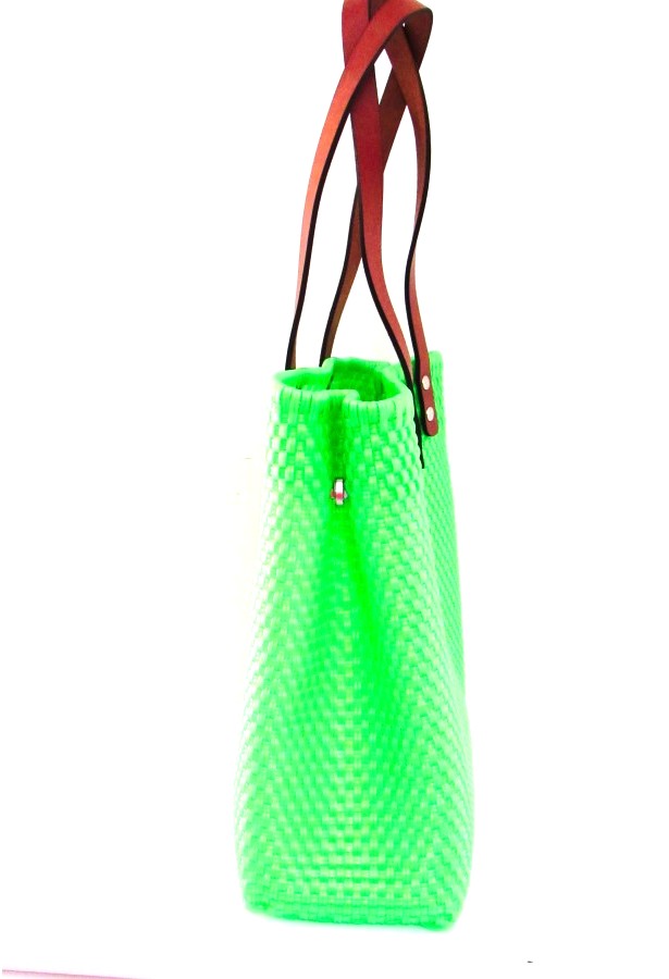Bolsa Tote Tejida Asa de Piel Color Verde Limón
