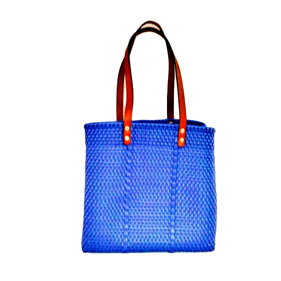 Bolsa Tote Tejida Asa de Piel Color Azul