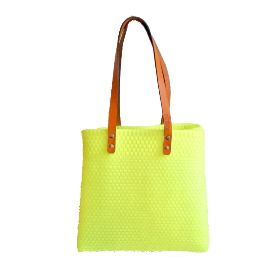 Bolsa Tote Tejida Asa de Piel Color Limón