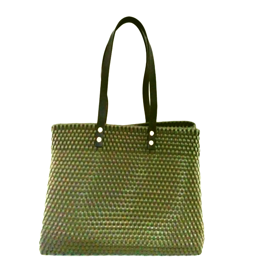 Bolsa Tote Tejida Asa de Piel Color Verde Militar