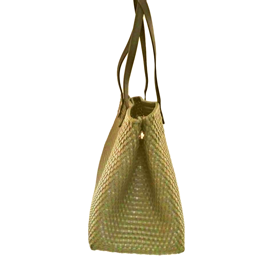 Bolsa Tote Tejida Asa de Piel Color Verde Militar