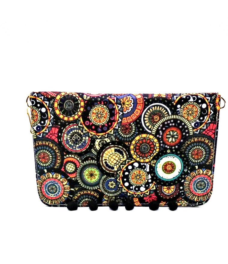 Bolsa Clutch Pompones Negro Estilo Mexicano