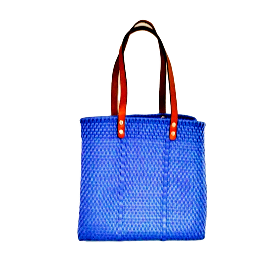Bolsa Tote Tejida Asa de Piel Color Azul